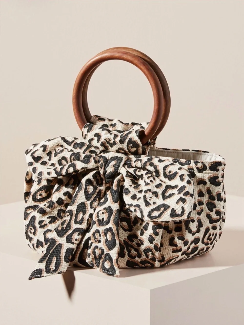 Anthropologie Pippa Bow-Tied Bag NWT Leopard Print Round Wooden Handles